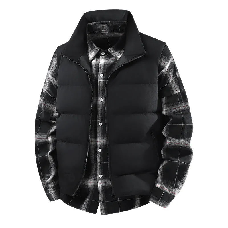 Men's plus size corduroy stand collar vest coat in black with thick lining, loose fit