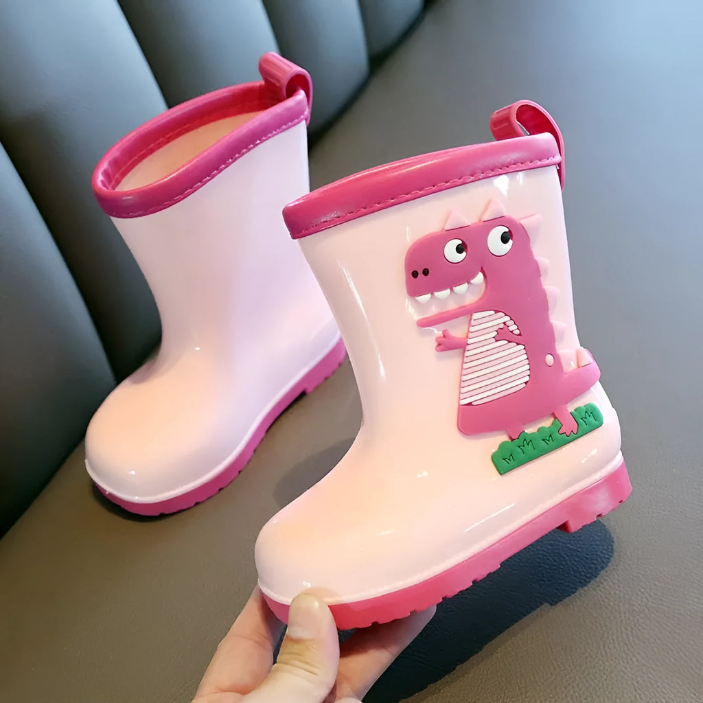 Children's non-slip low-top rain boots with cartoon dinosaur design in pink, yellow, and blue, PVC material, inner length 14-20cm