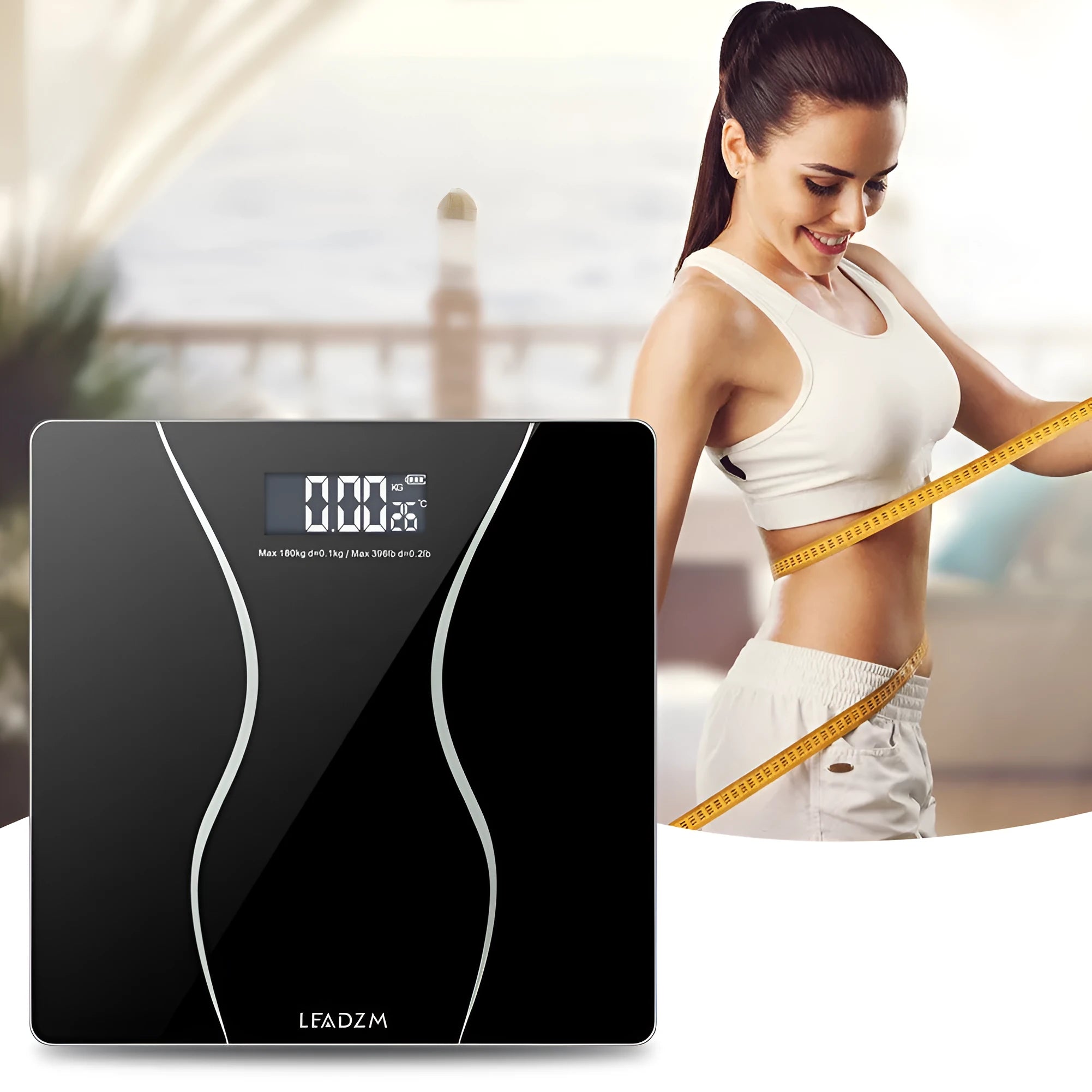 Black digital electronic bathroom scale with tempered glass platform on a bathroom floor.
