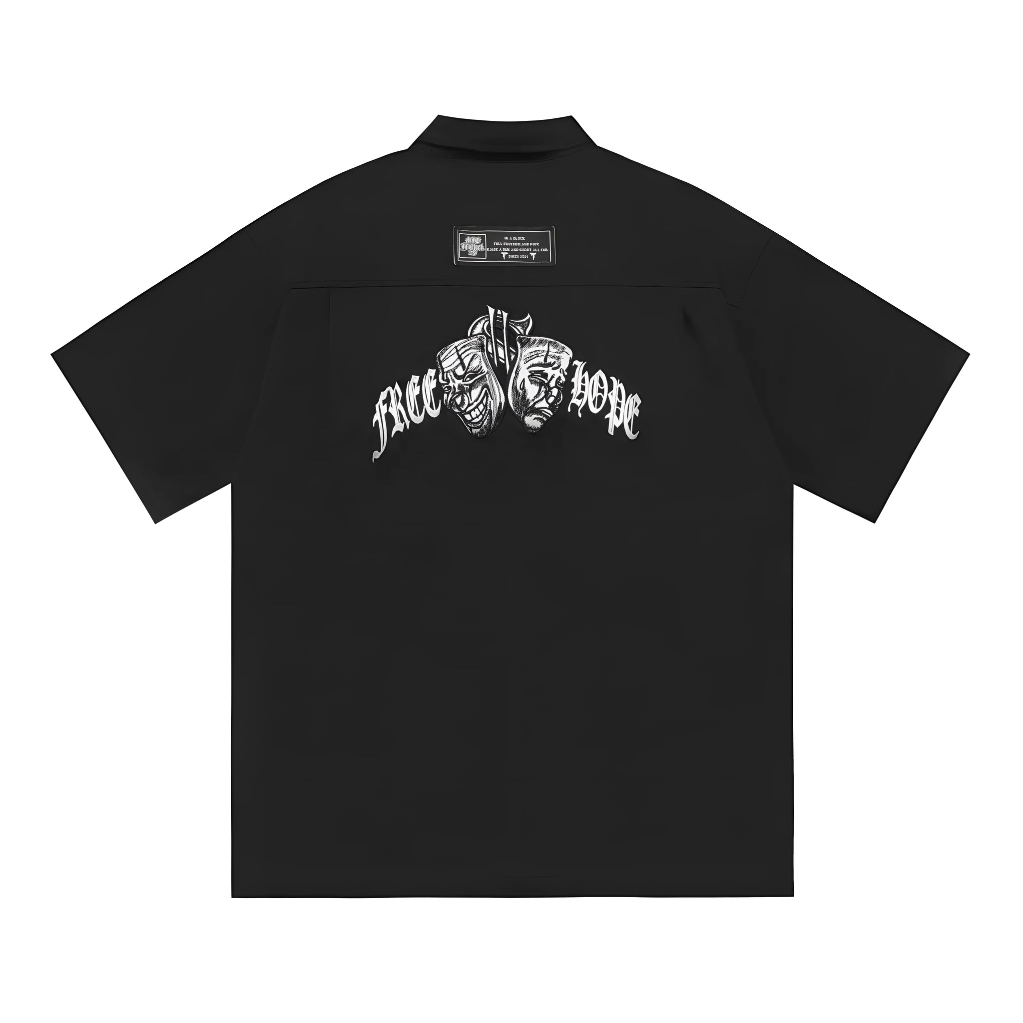 Man's black loose-fit pocket shirt with embroidery and half sleeves on a hanger.