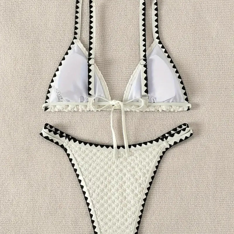 Women's white or blue polyester bikini swimsuit in European and American sizes for swimming