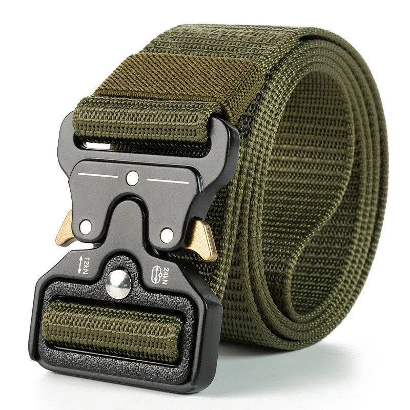 Men's canvas tactical belt with quick-release alloy buckle shown in Army Green colour, laid flat to show its 120cm length.