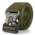 Men's canvas tactical belt with quick-release alloy buckle shown in Army Green colour, laid flat to show its 120cm length.