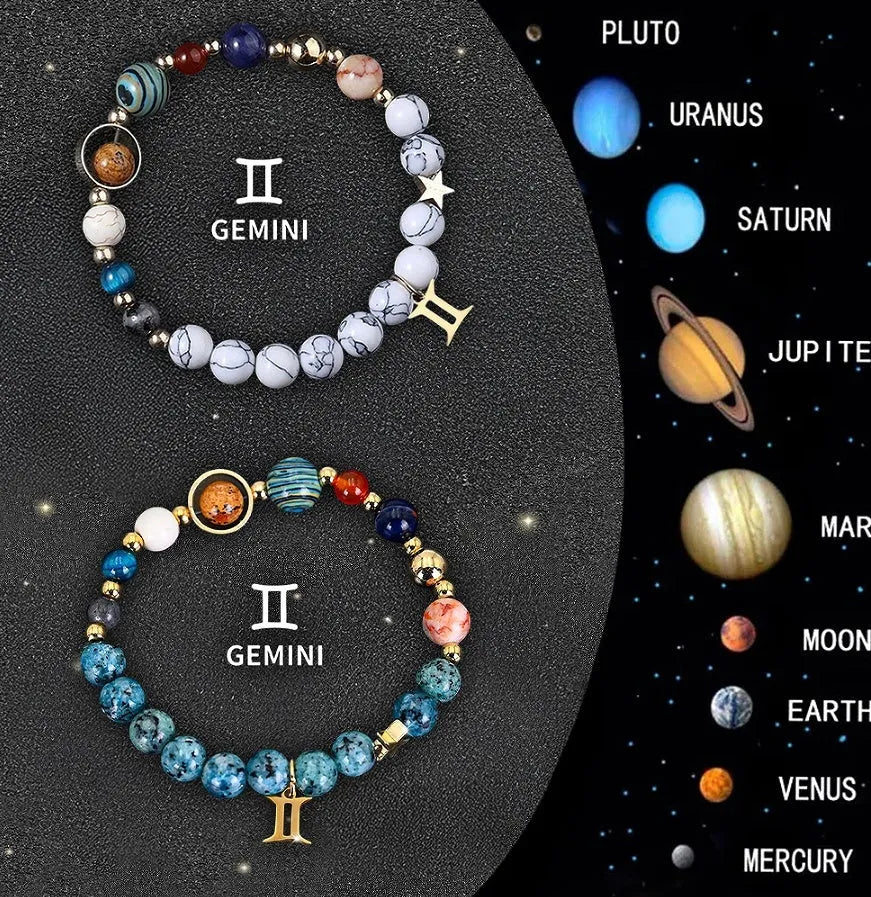 Two natural stone bead bracelets with zodiac charms on a slate background, showing adjustable clasp.
