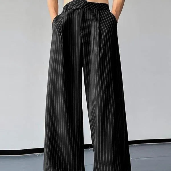 Men's black vertical striped pleated casual trousers showing front and side views
