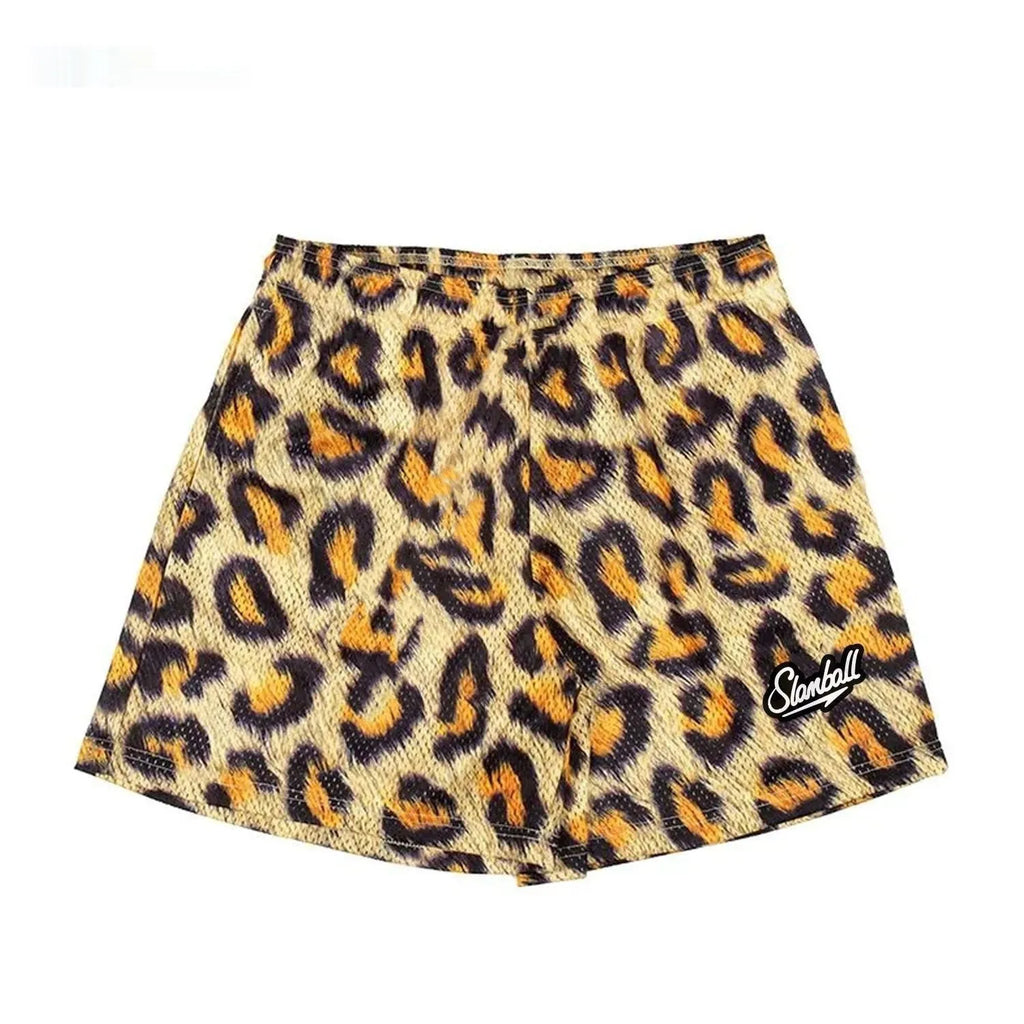 Men's leopard print quick-dry fitness training shorts on a white background