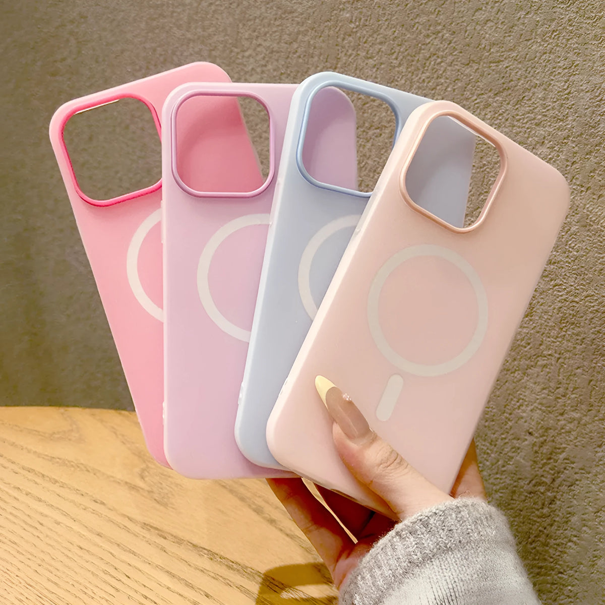 Fashion personality double-layer magnetic phone case for iPhone, frosted TPU finish, beige colour