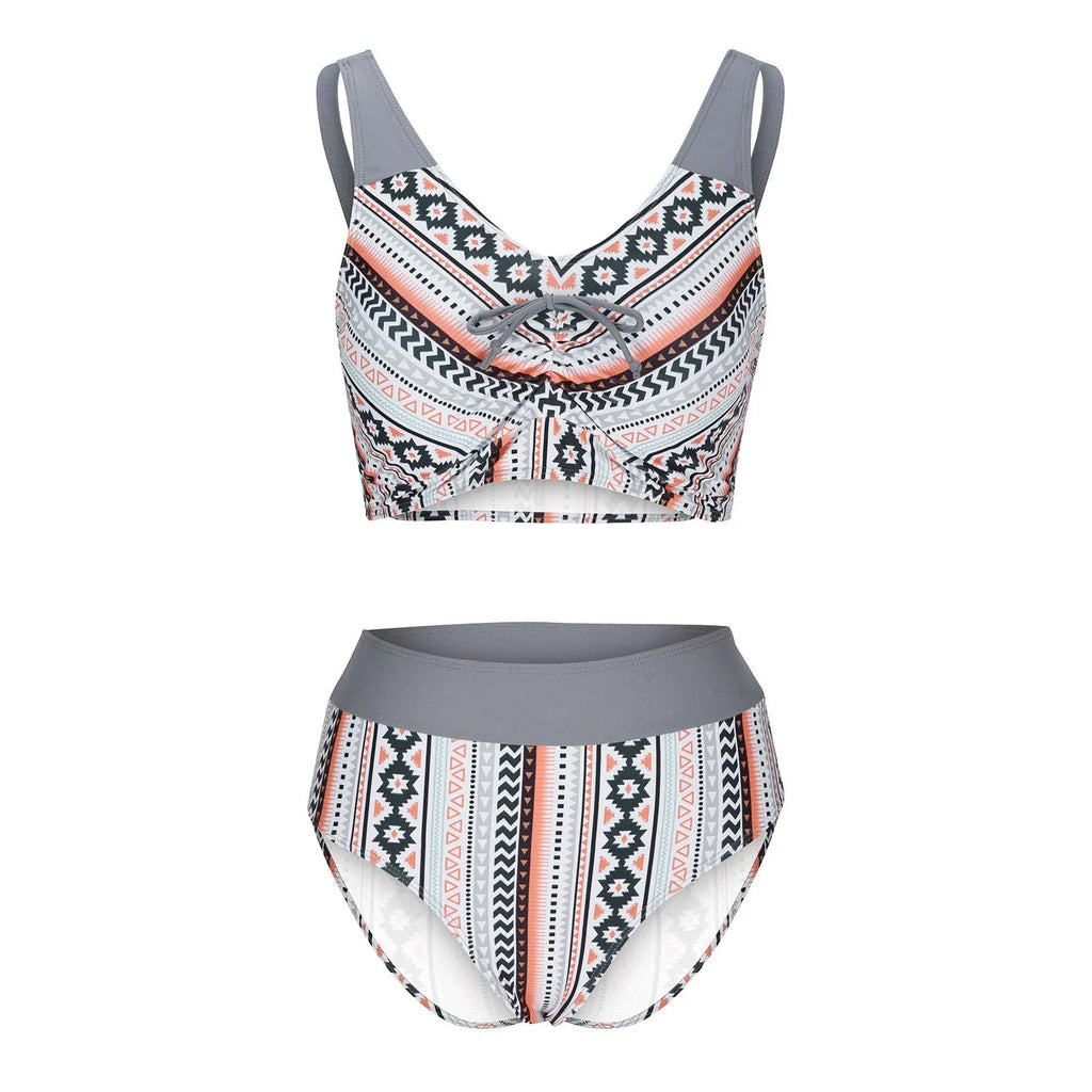 Women's solid colour cross sling split swimsuit bikini set in polyester fabric