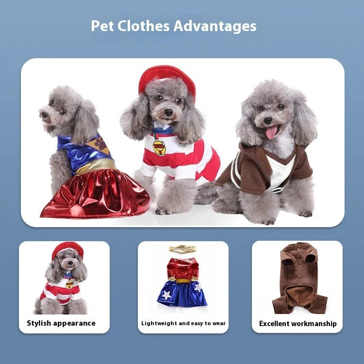 Christmas pet costumes for dogs and cats including Santa suit, penguin, and elf designs in multiple sizes