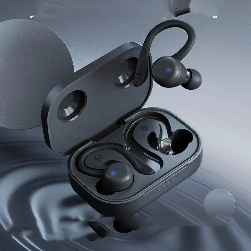 True wireless sports headphones with black hanging ear design, removable ear hooks and charging case.