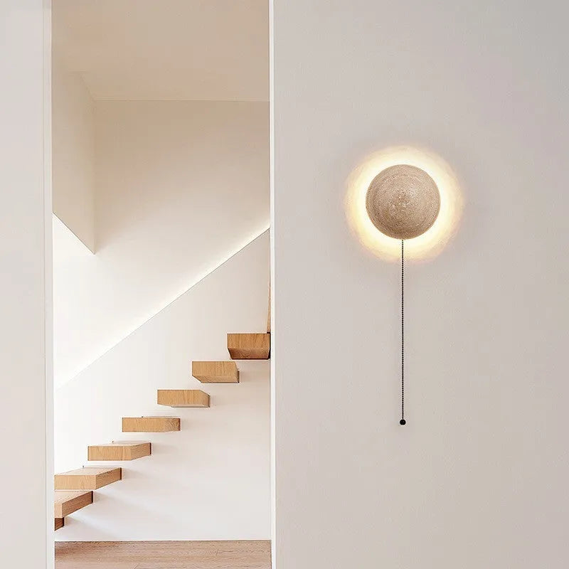 Semicircle cave stone and wood art wall lamp in Nordic style, 15cm wide.
