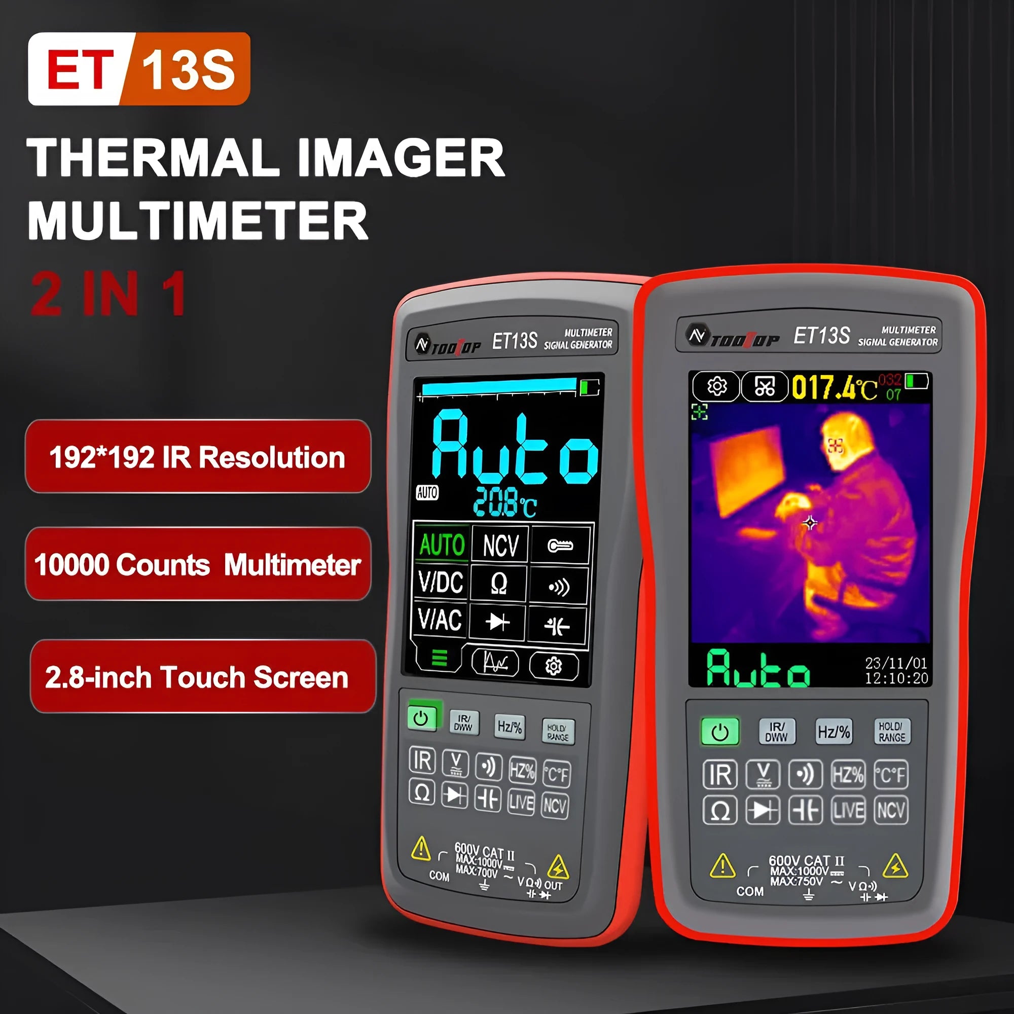 ET13S thermal imaging multimeter showing 2.8-inch colour touch screen displaying a thermal image and multimeter readings.