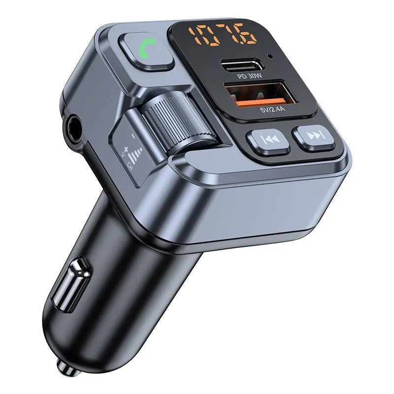 Black Bluetooth car receiver with LED display plugged into a vehicle 12V socket, showing USB-C and USB-A charging ports.
