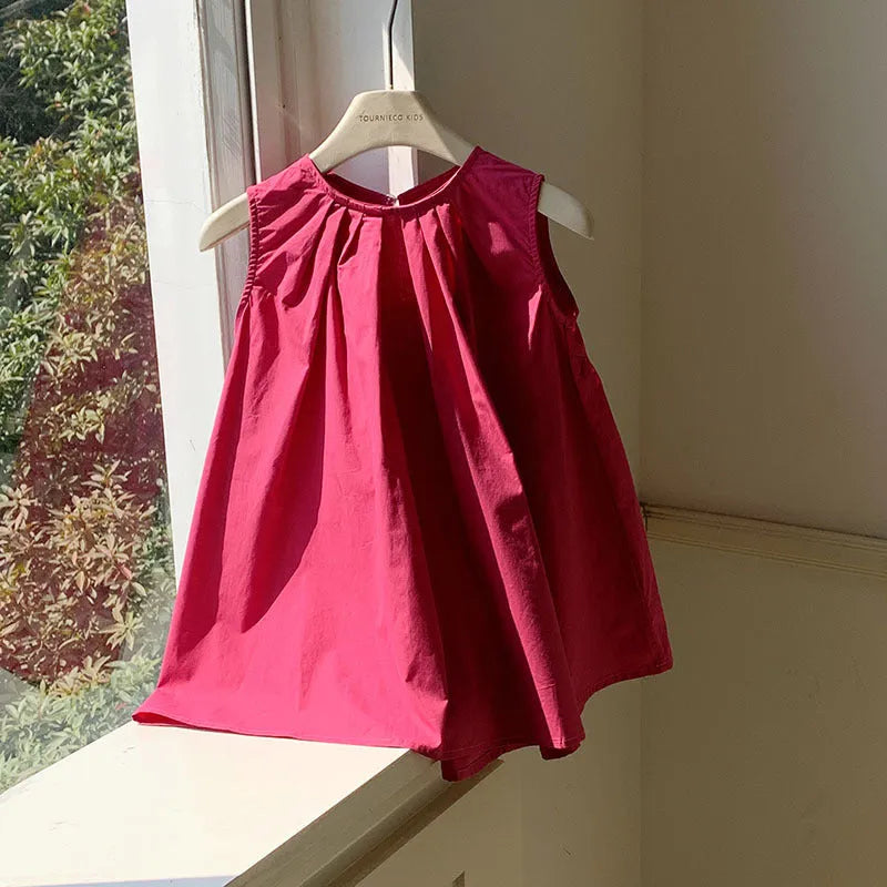Children's cotton sleeveless A-line dress in rose red for girls summer wear