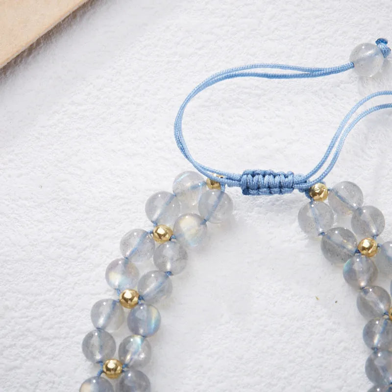 Grey moonstone butterfly charm woven bracelet for women with geometric retro styling
