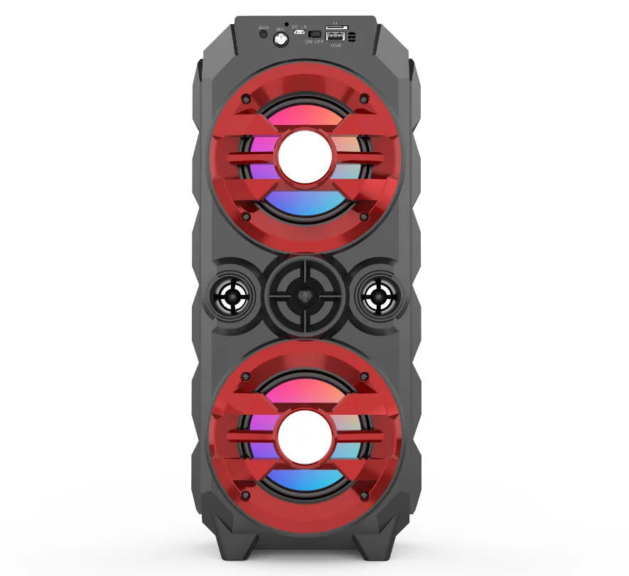 Portable Bluetooth speaker with colour lights and pull rod handle in blue, red, or silver grey finish