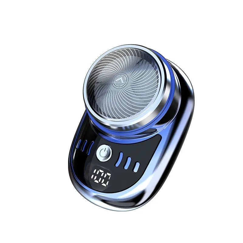 Mini electric shaver for men, black with LED digital display, removable cutter head, and USB charging cable
