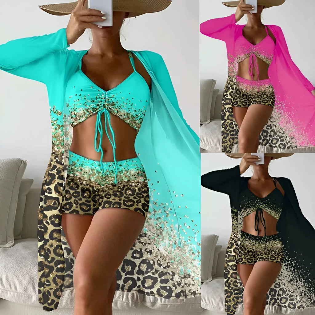 Women's three-piece swimsuit set showing sleeveless top, high-waisted shorts, and matching coat in polyester fabric
