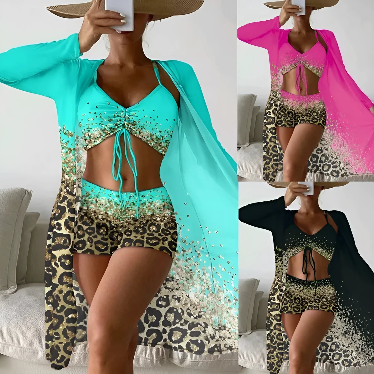 Women's three-piece swimsuit set showing sleeveless top, high-waisted shorts, and matching coat in polyester fabric