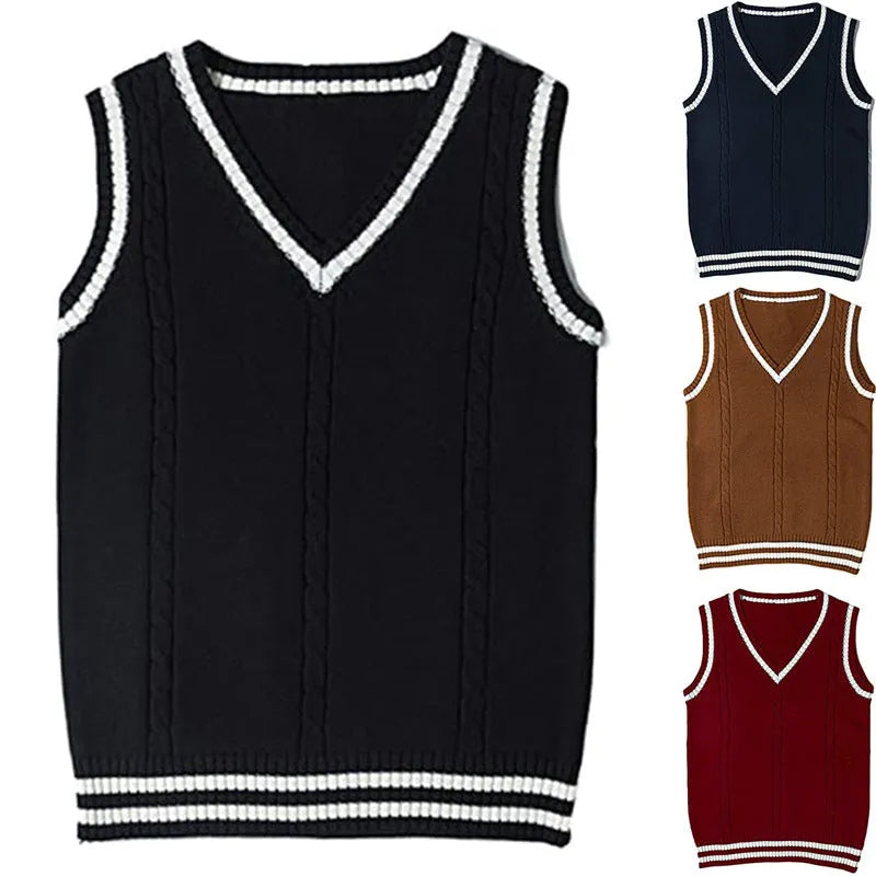 Women's slim fit V-neck acrylic waistcoat sweater with striped stitching in multiple colours.