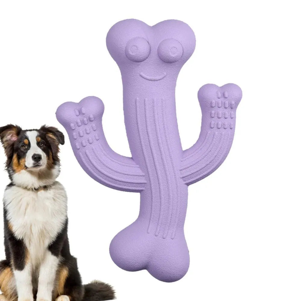 Cactus-shaped dog chew toy in bamboo fibre and rubber construction showing size comparison