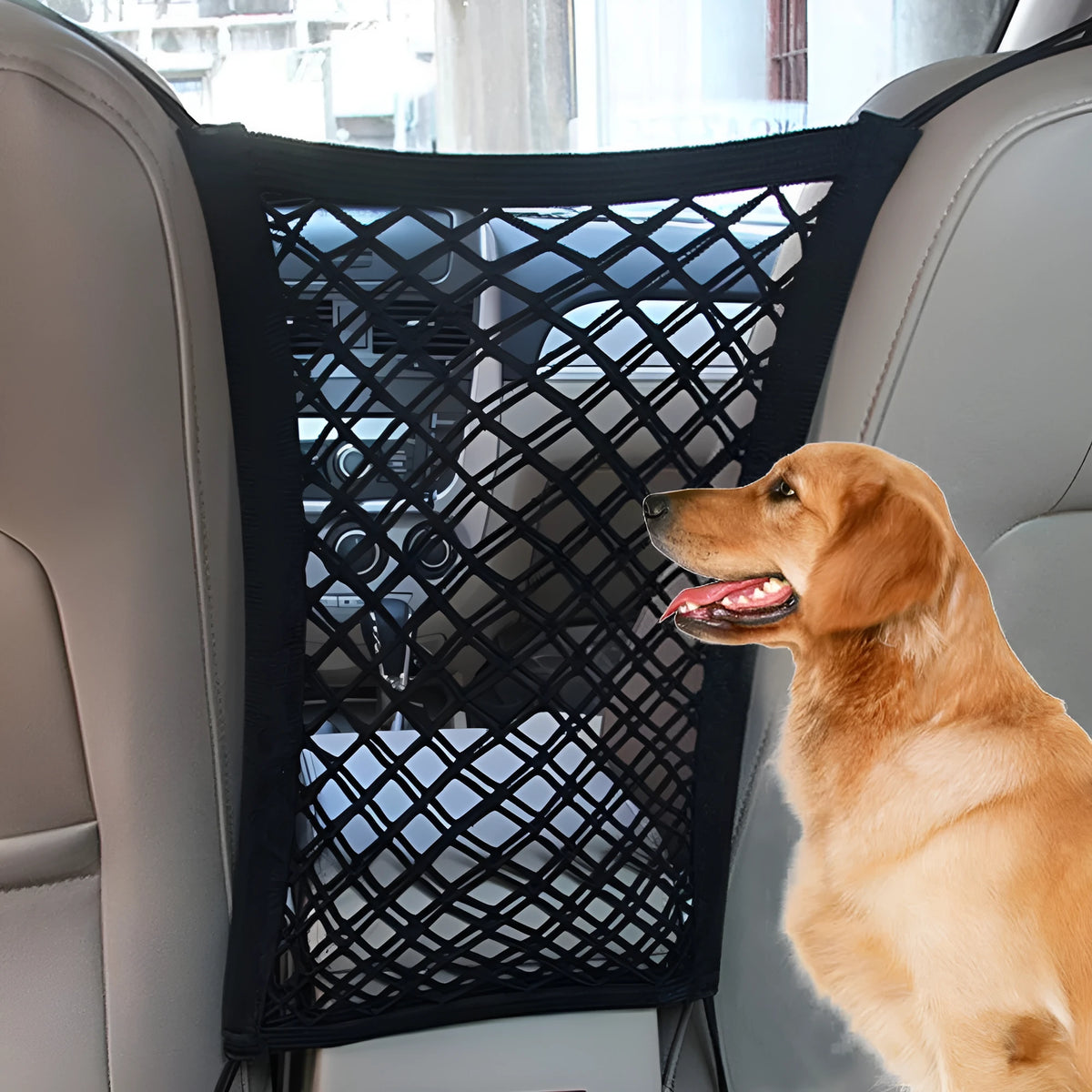 Black elastic nylon car pet fence with hooks for middle seat isolation