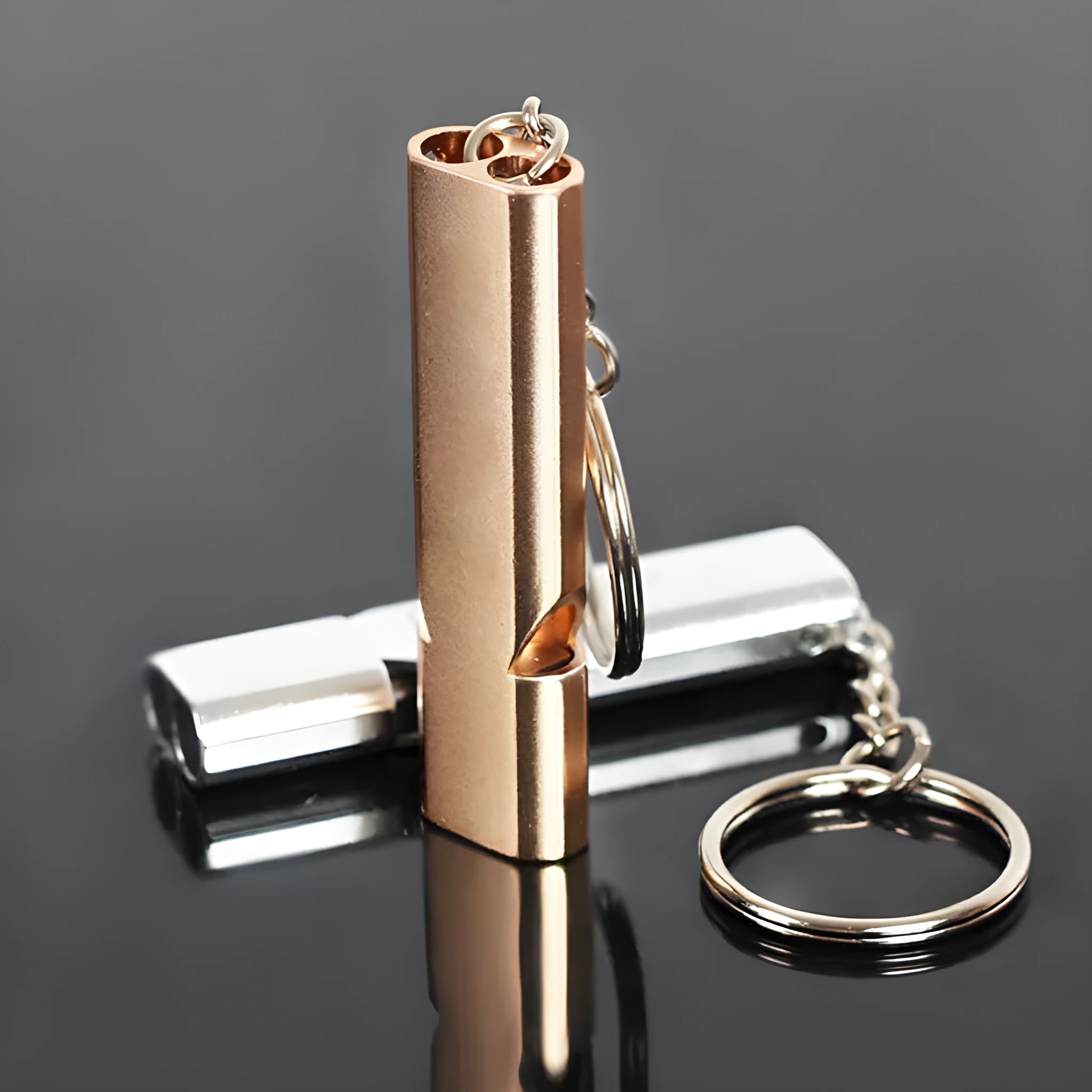 Double hole aluminium alloy whistle in silver and gold colours for outdoor survival signalling