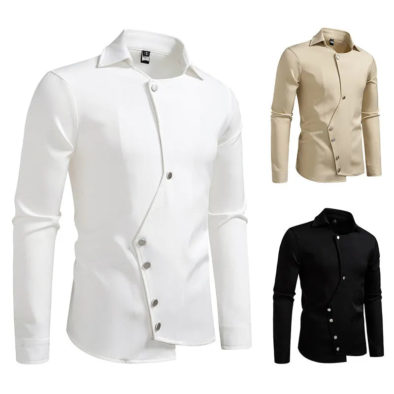 Men's long-sleeved polyester slim fit cardigan shirt in white, black, and khaki colours