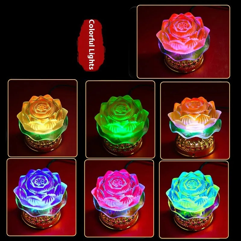 A yellow Chinese-style lotus Buddha lamp made of ABS plastic on a wooden surface.
