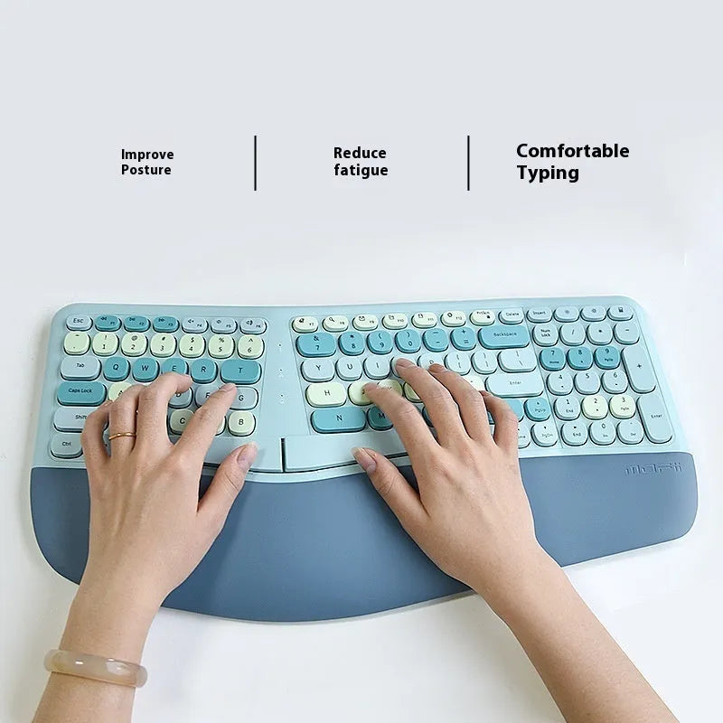 Ergonomic wireless keyboard and mouse set with wrist splint, waterproof veneer, blue milk tea purple mixed colours