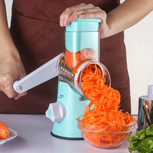 Round manual kitchen mandoline slicer with stainless steel blades in blue, green, or red colour options