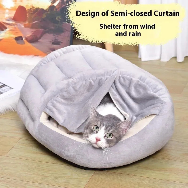 Grey semi-closed curtain cat nest, 50x40cm, short plush and PP cotton, indoor winter pet bed