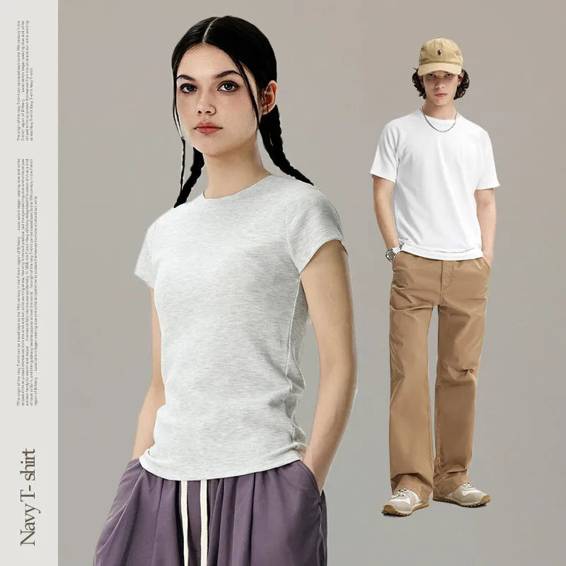 Slim fit stretch t-shirt in vest and short sleeve styles, shown in beige and active black colours.