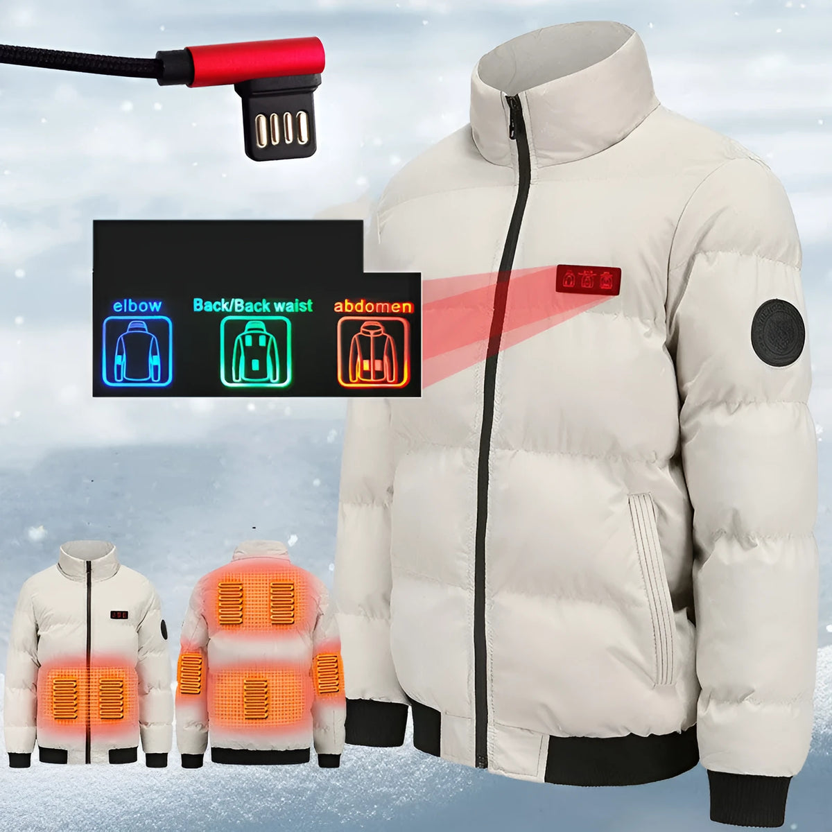 Outdoor USB heated cotton-padded jacket in red, windproof and waterproof, cardigan style