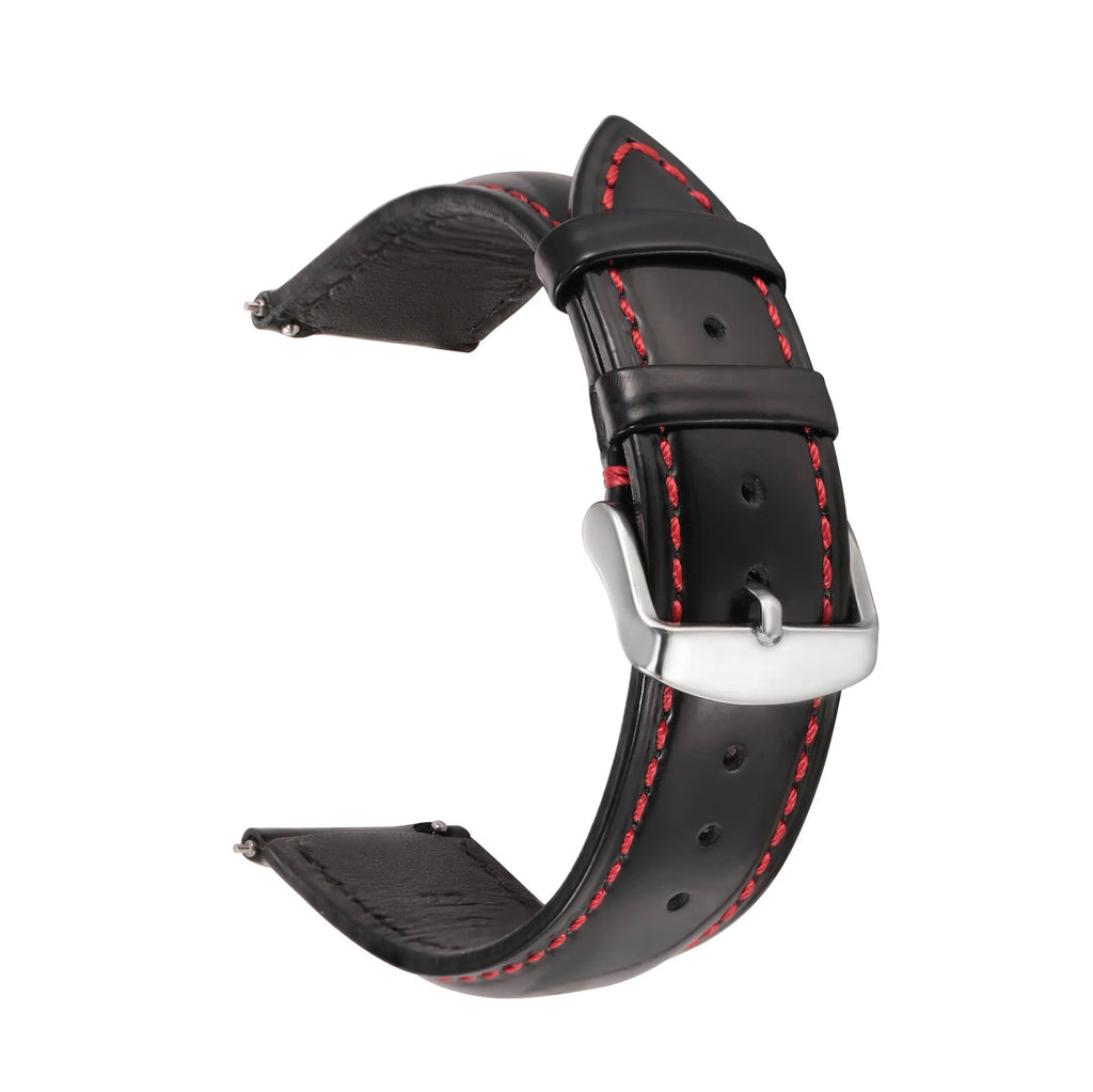 Quick release leather watch strap in bright cowhide showing colour and width options on a watch.