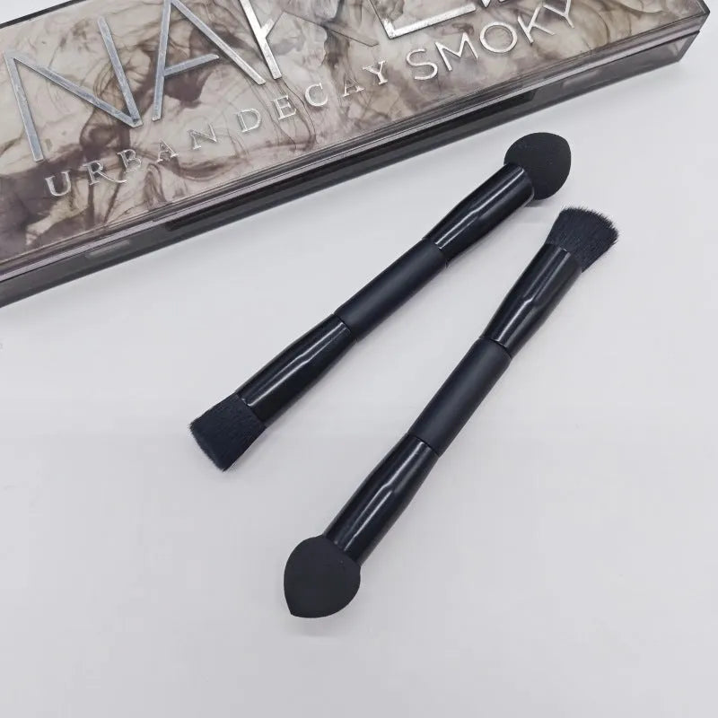 Double-headed miter sponge concealer makeup brush with black wooden handle
