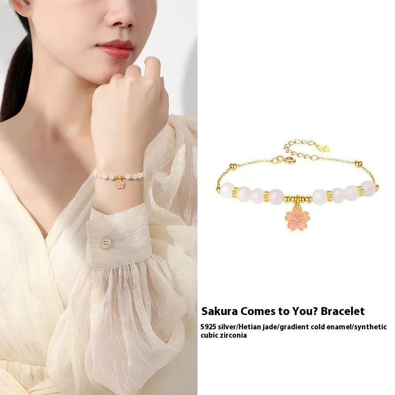Pink S925 silver bracelet with gradient epoxy cherry blossom pendant and Hetian jade beads