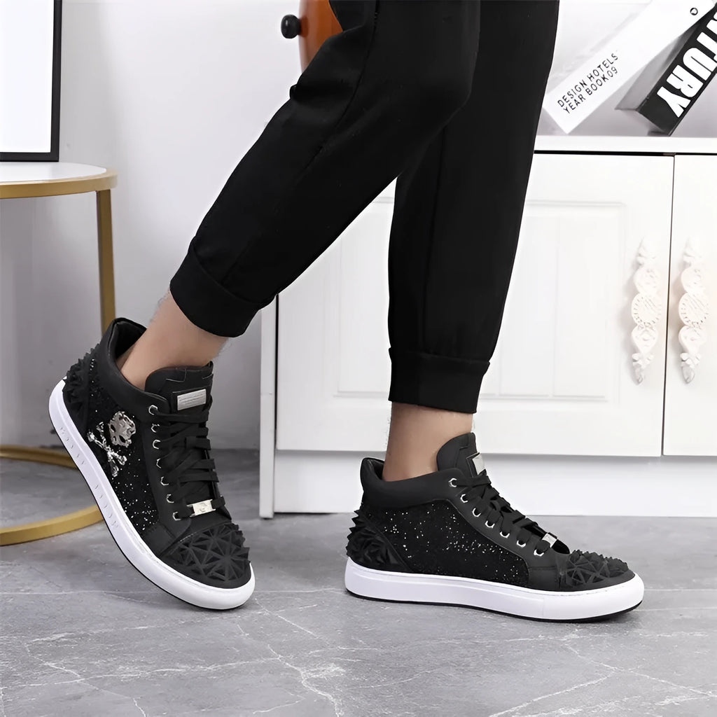 Men's black and red genuine leather high-top skeleton shoes with lace-up front.