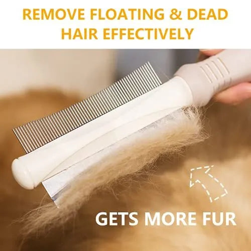 White double-sided dog and cat grooming brush with a curved comb and deshedding bristles on an ergonomic handle.