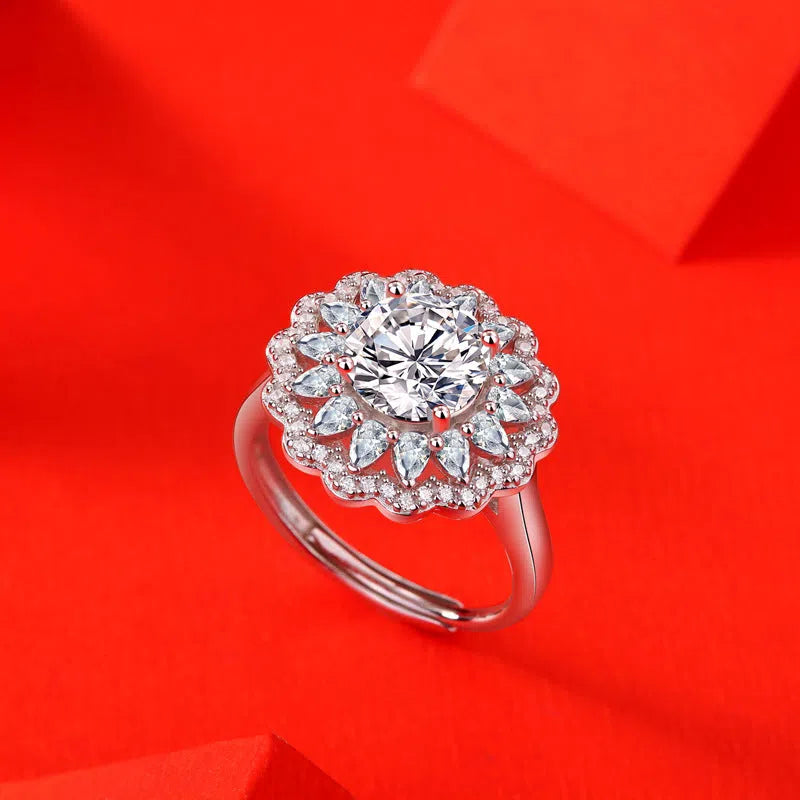 S925 silver adjustable moissanite ring flower design for women