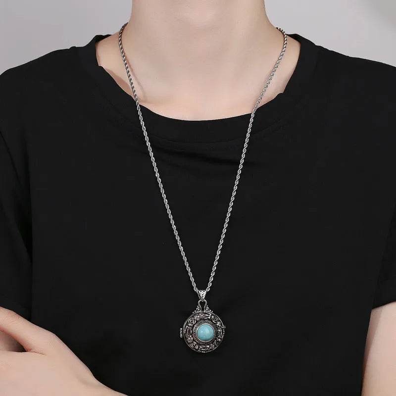Turquoise retro copper pendant necklace with animal zodiac design, adjustable 51-60 cm chain