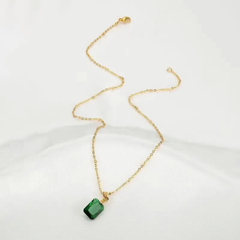 Copper rectangular geometric pendant necklace with green finish on O-ring chain
