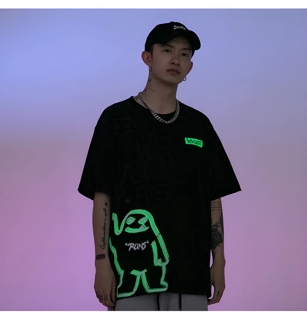Black bear print cotton short-sleeve t-shirt with glow-in-the-dark design on a model