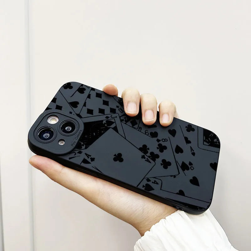 Black silicone phone case with playing cards design frosted soft shell for iPhone models including 15 Pro Max and 14 Pro