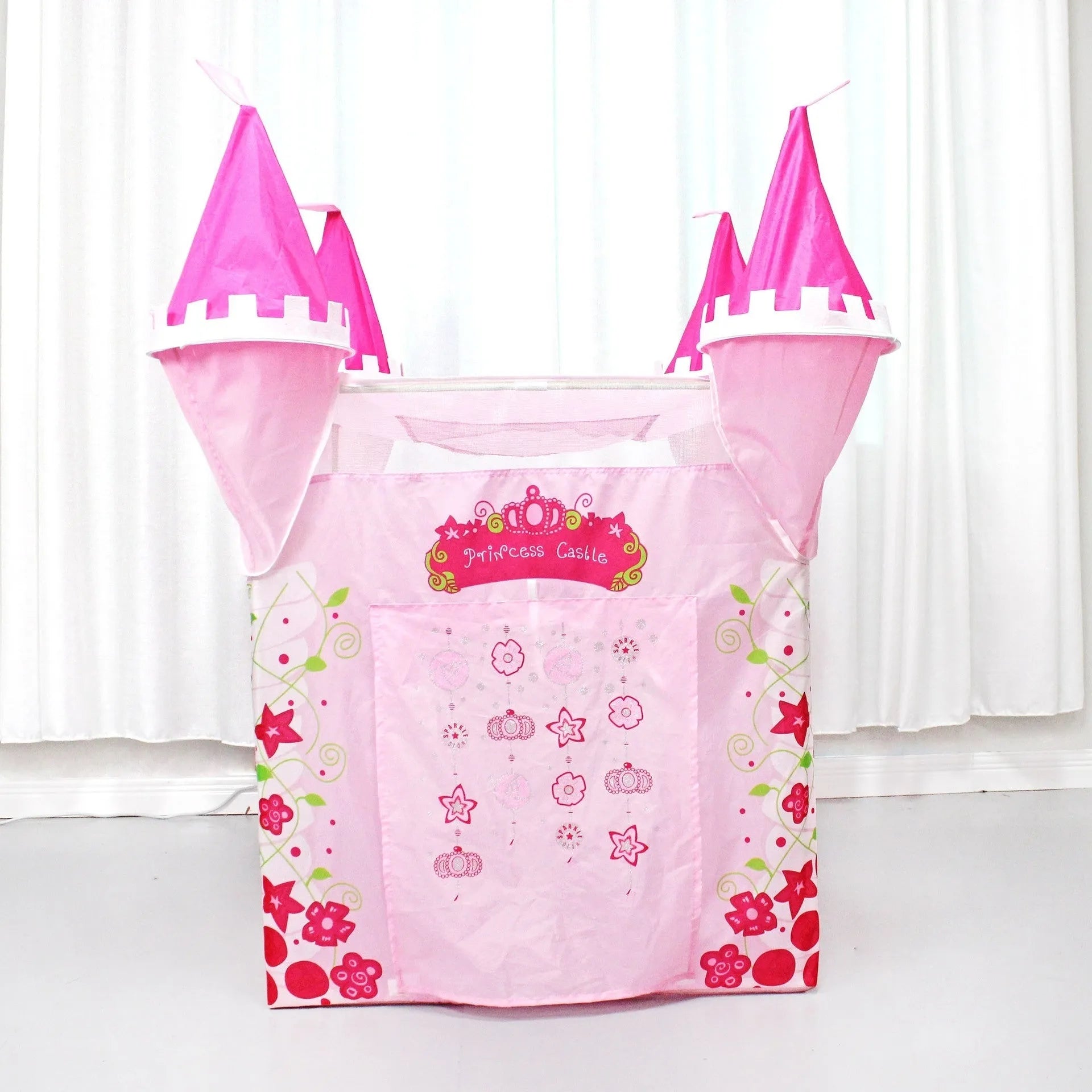 Children's princess castle tent in castle tent colour, made from polyester taffeta, folded for storage