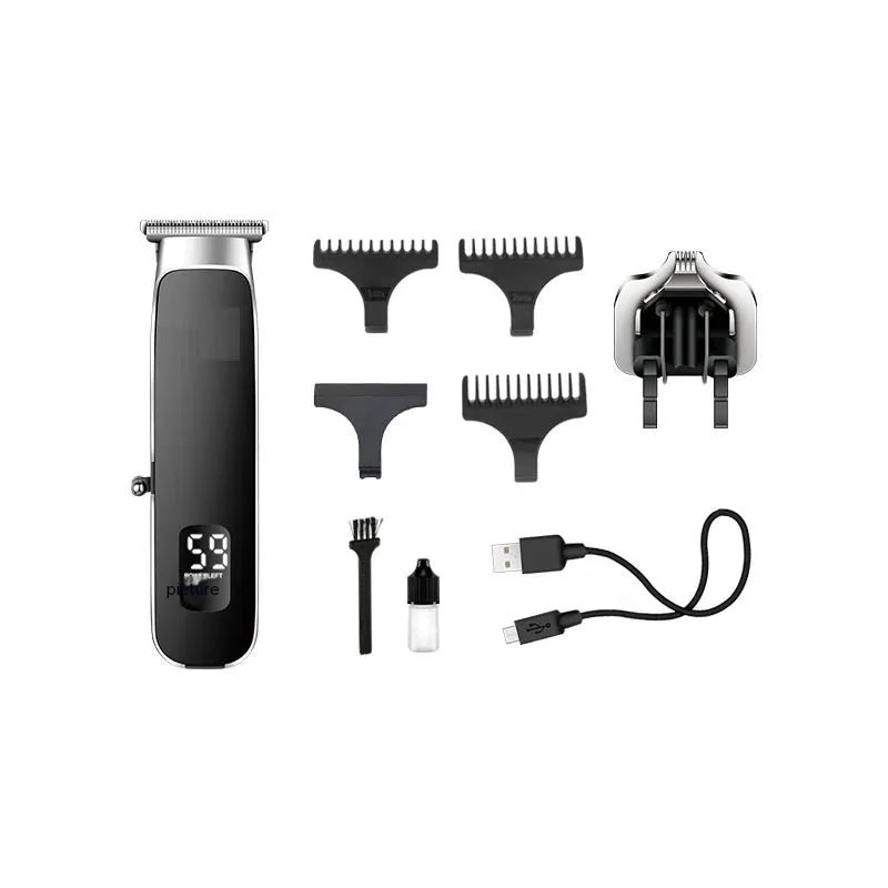 USB rechargeable electric hair clipper with digital display and double cutter head including T-shaped blade and carving cutter