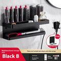 White double-layer aluminium bathroom storage rack mounted on a wall holding hair curlers.