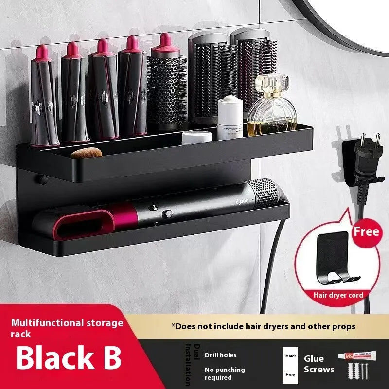 White double-layer aluminium bathroom storage rack mounted on a wall holding hair curlers.