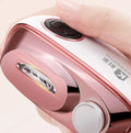 Blue automatic electric nail clipper and polisher tool with USB Type-C charging port and cleaning brush.