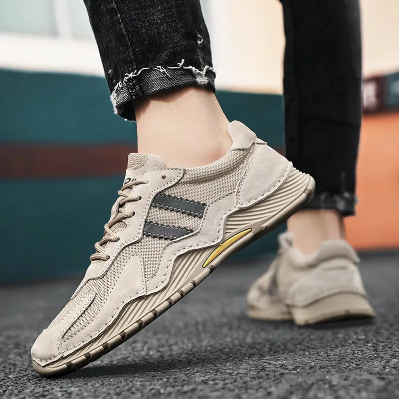 Men's low-top lace-up hiking boots platform shoes in sand colour with pigskin upper and rubber sole